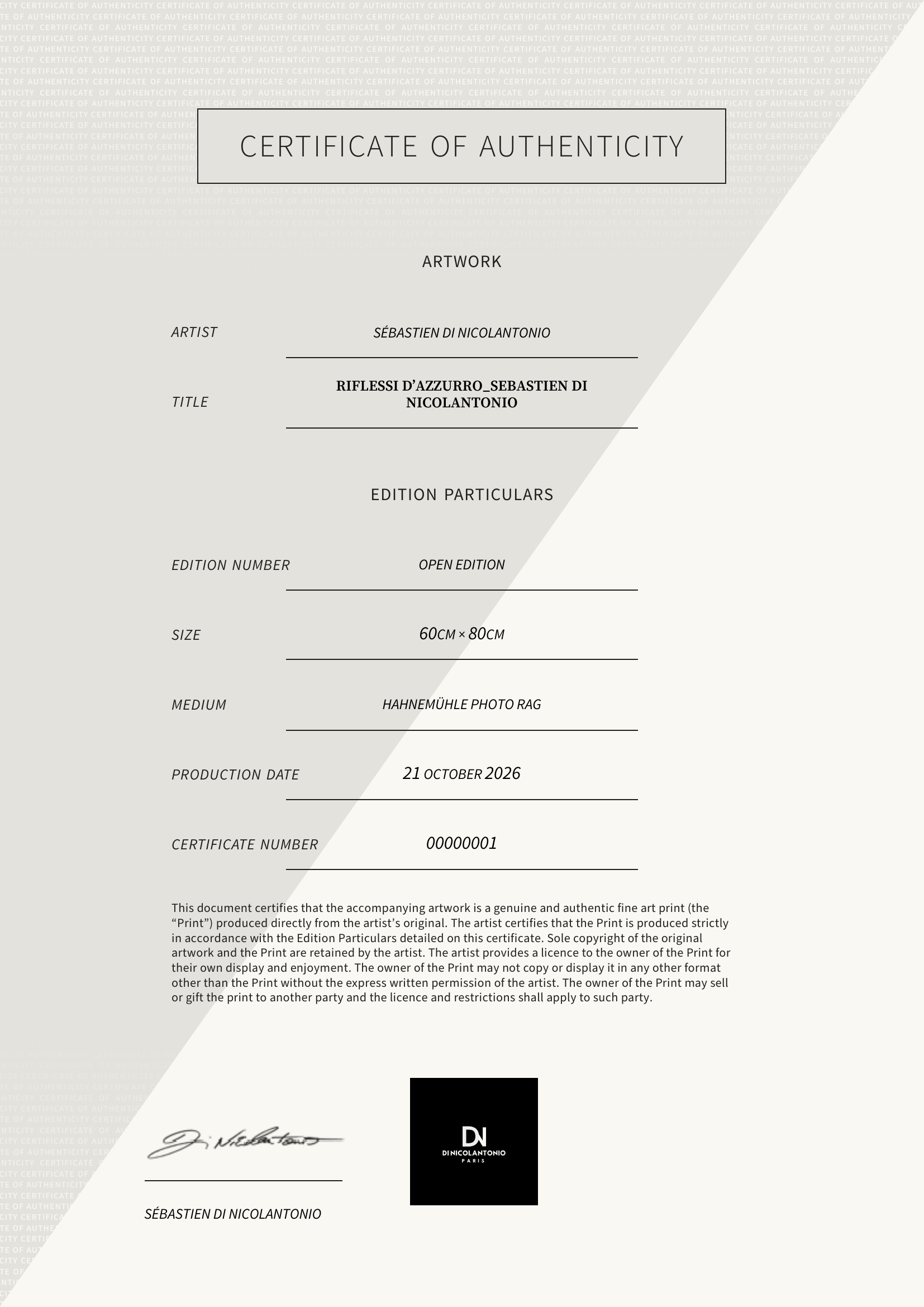 Riflessi d’Azzurro_Sebastien DI NICOLANTONIO — Certificate of Authenticity