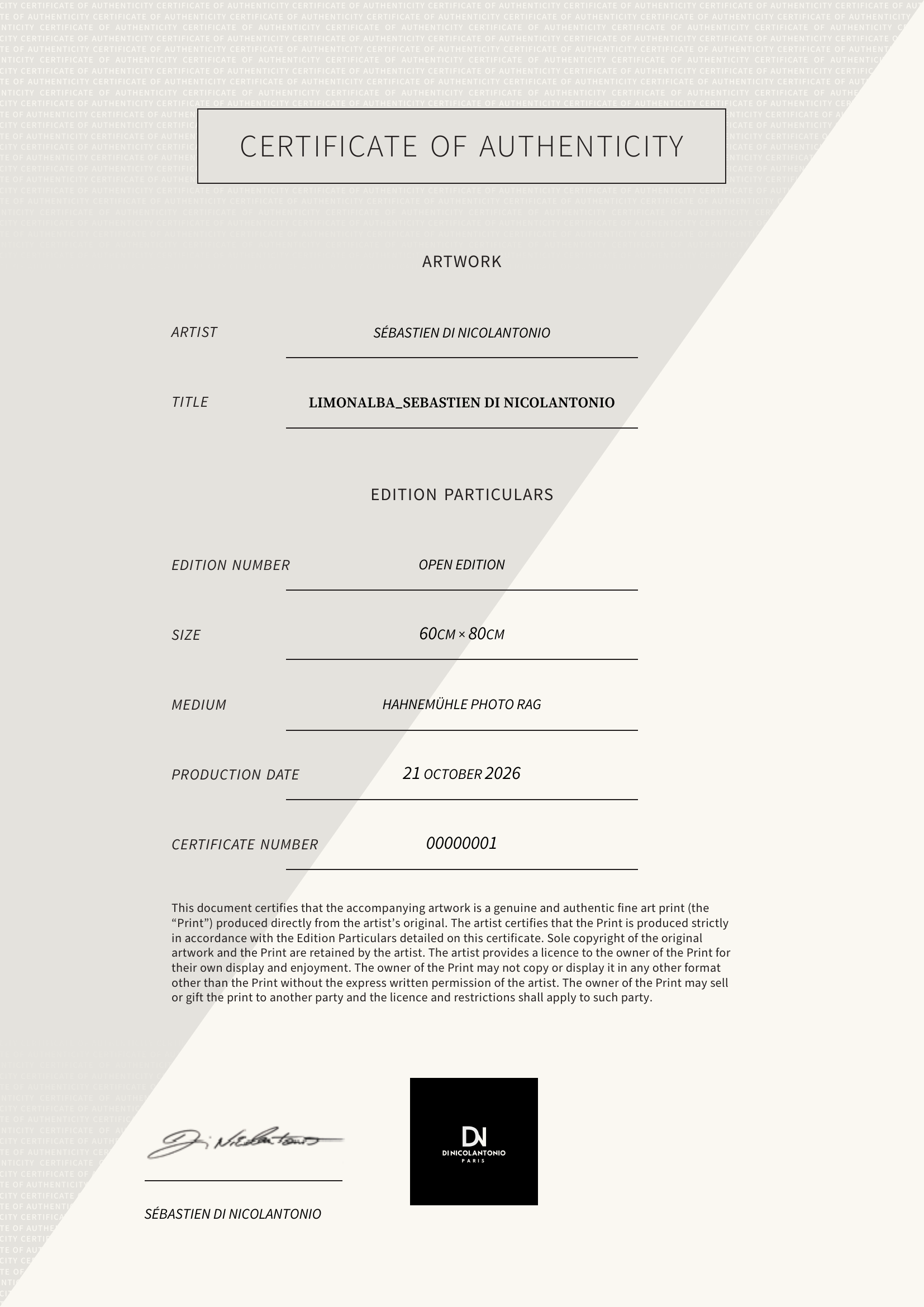 LIMONALBA_Sebastien DI NICOLANTONIO — Certificate of Authenticity